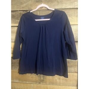 LLBean Womens Navy Blue 3/4 Sleeve Pleated Neck Top M REG Supima Cotton